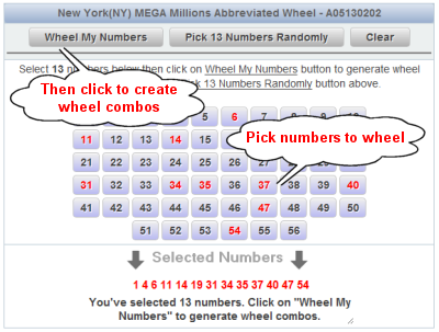 New York MEGA Millions Lotto Wheels Number Selection Sample